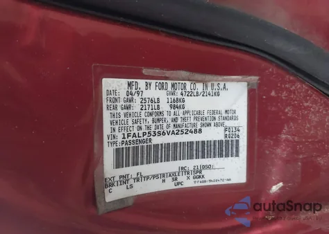 1997 Ford Taurus Lx из США, поврежденный, VIN 1FALP53S6VA252488